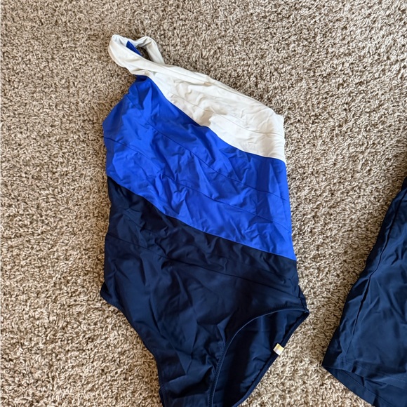 Summersalt Blue and White one shoulder Swimsuit with blue coverup skirt - Picture 2 of 5